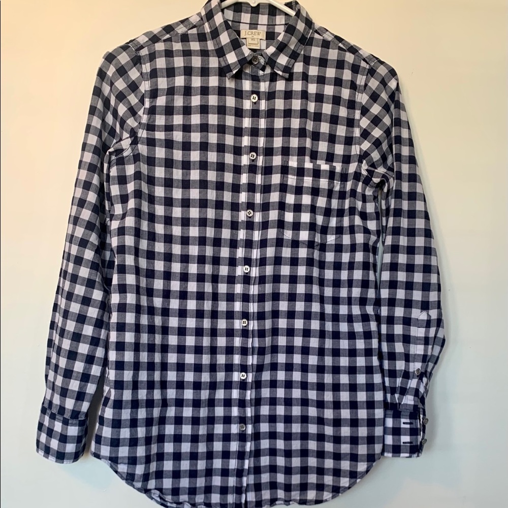 J Crew Gingham Button Down Navy and White. XS